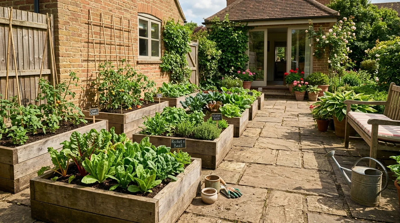 Patio vegetable planter boxes creating an organized edible garden edge.