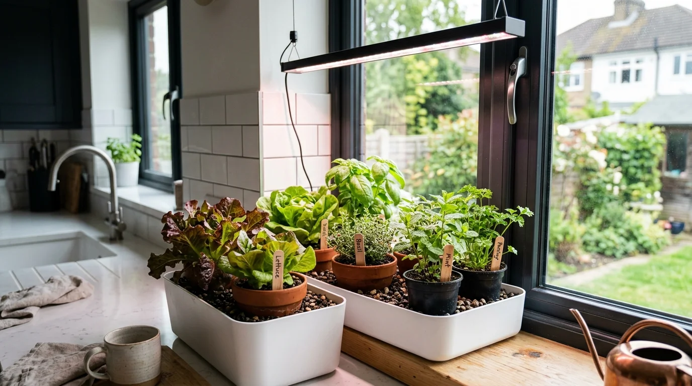 An indoor container garden with grow lights used for small-space vegetable growing.
