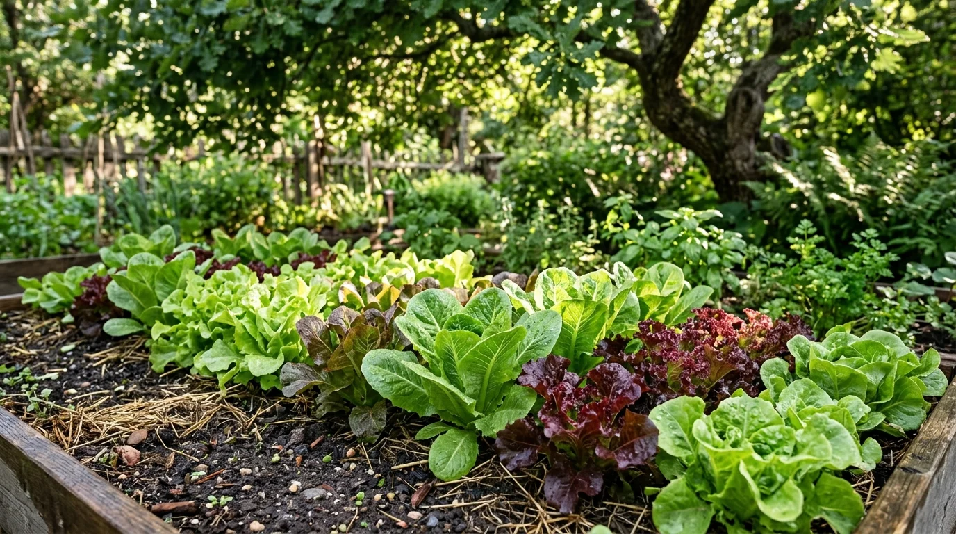 A lush cluster of leafy lettuce growing in dappled light on a small garden patio.