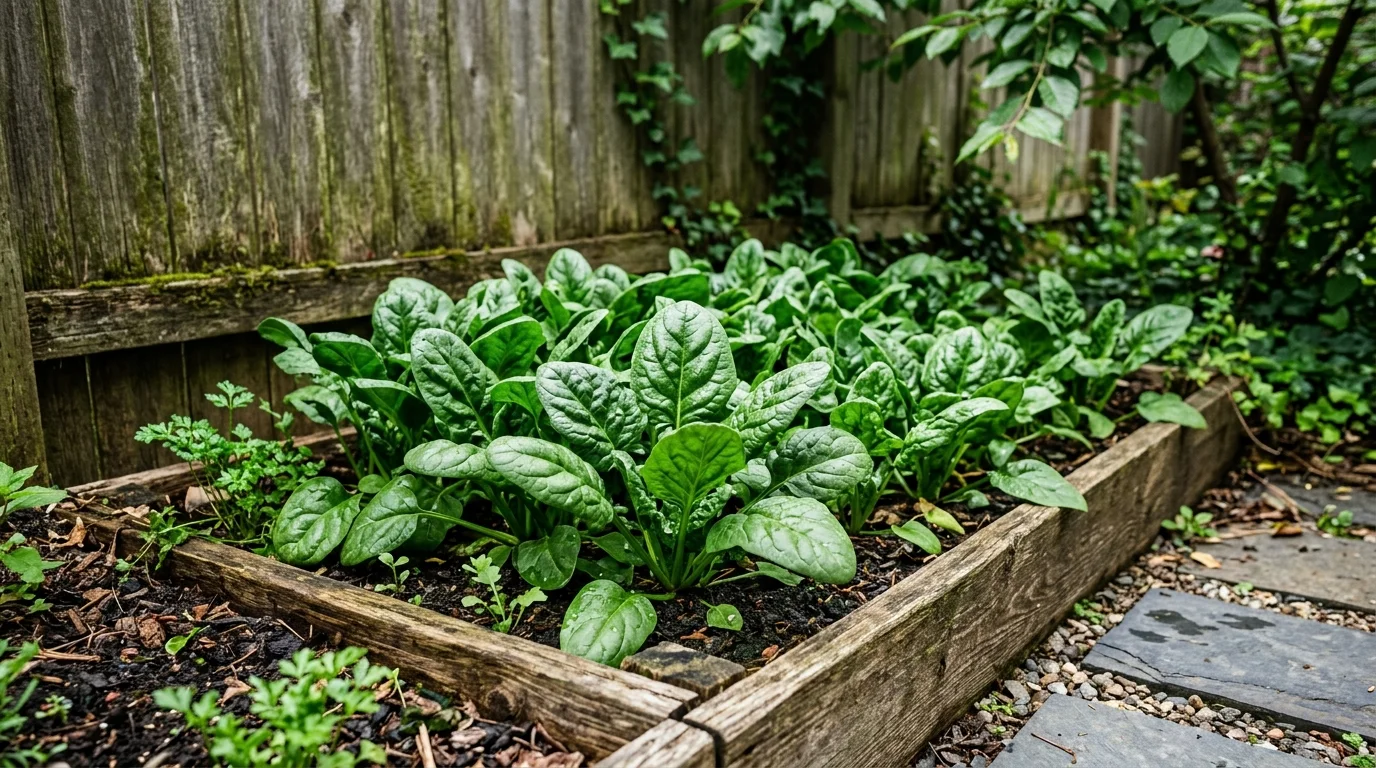 Spinach growing in a cool shaded garden corner.