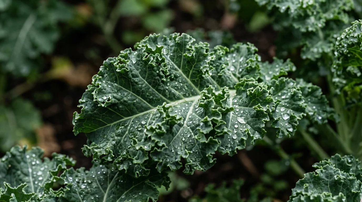 Textural kale leaves catching soft light in a shaded bed.