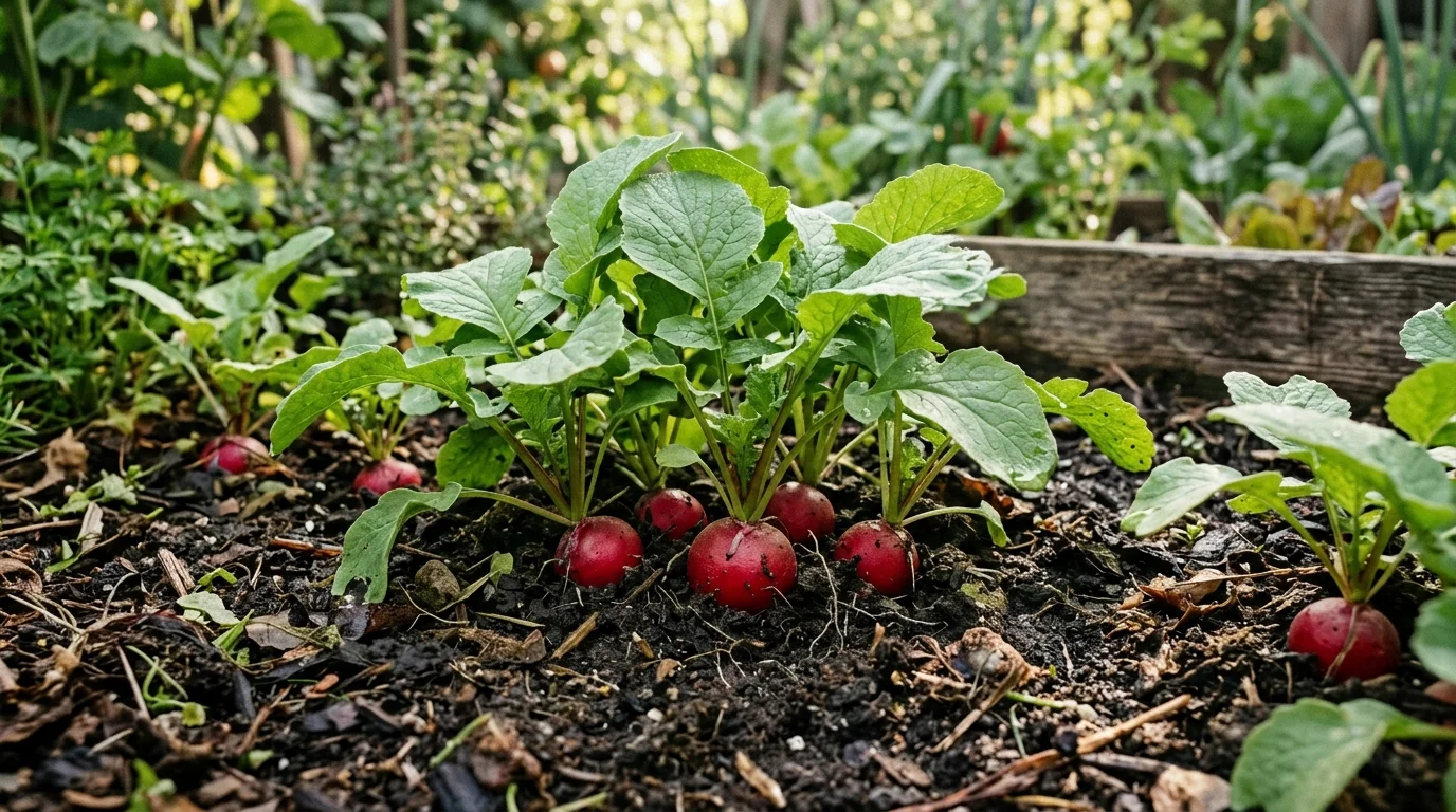Radishes growing in soft filtered light.