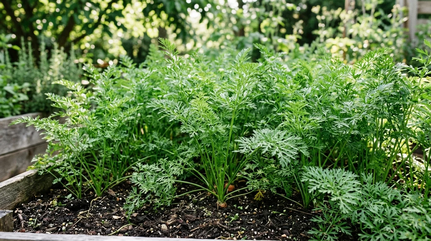 Carrot tops creating airy greenery in partial shade.