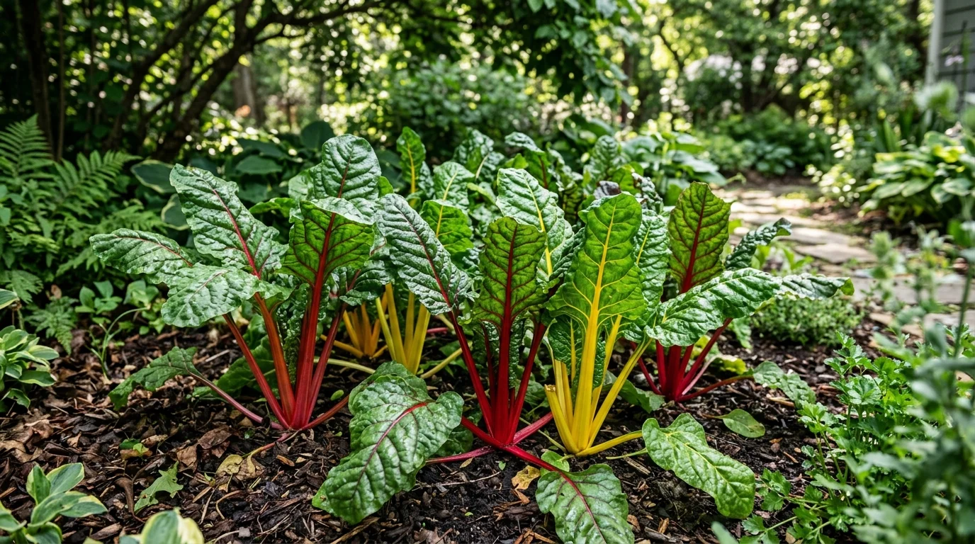 Swiss chard with colorful stems growing in a shaded bed.