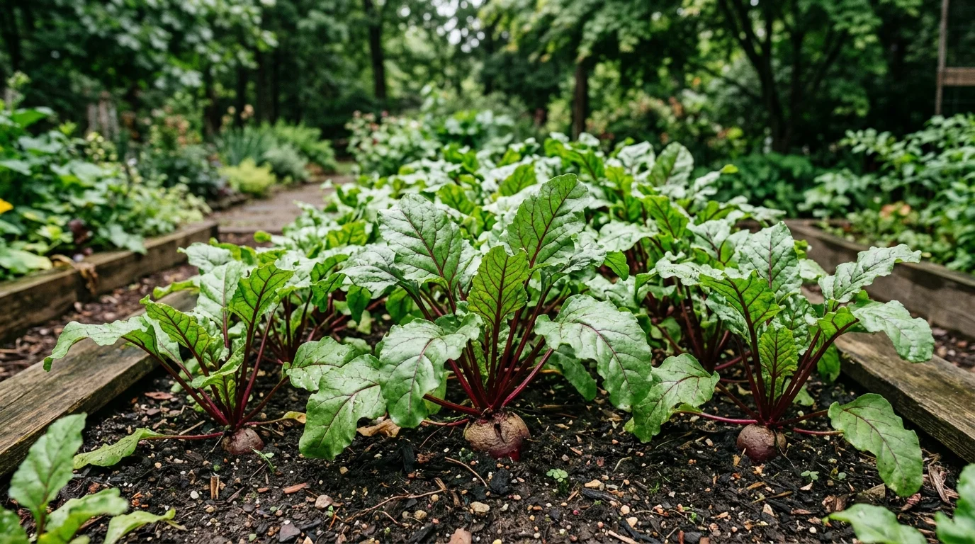 Beet greens growing thickly in a partially shaded plot.