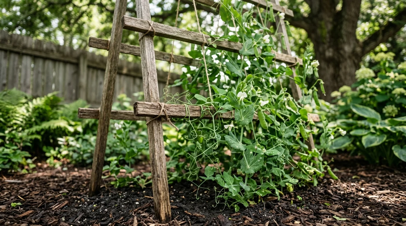 Peas climbing a support in a soft shaded garden.